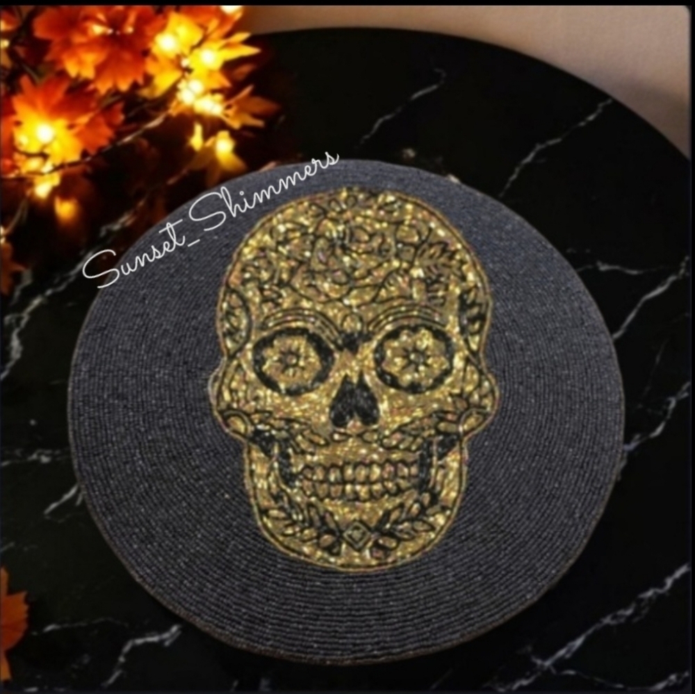 4pc Halloween Sugar Skull Sparkly Beaded Placemat Charger Set Day Of Dead New
